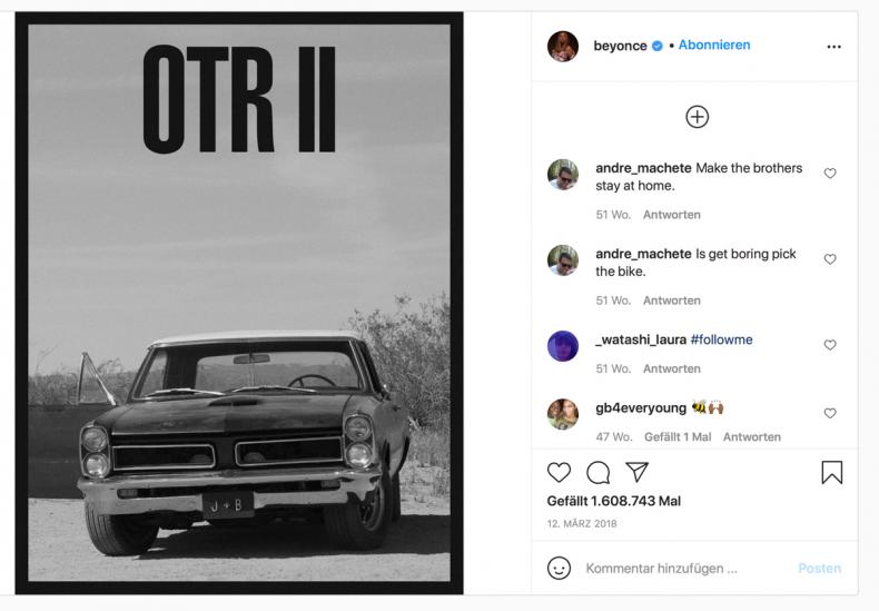 Abb. 2: The Carters: On the Run II, Instagram, https://www.instagram.com/p/BgOcB2slHoQ/